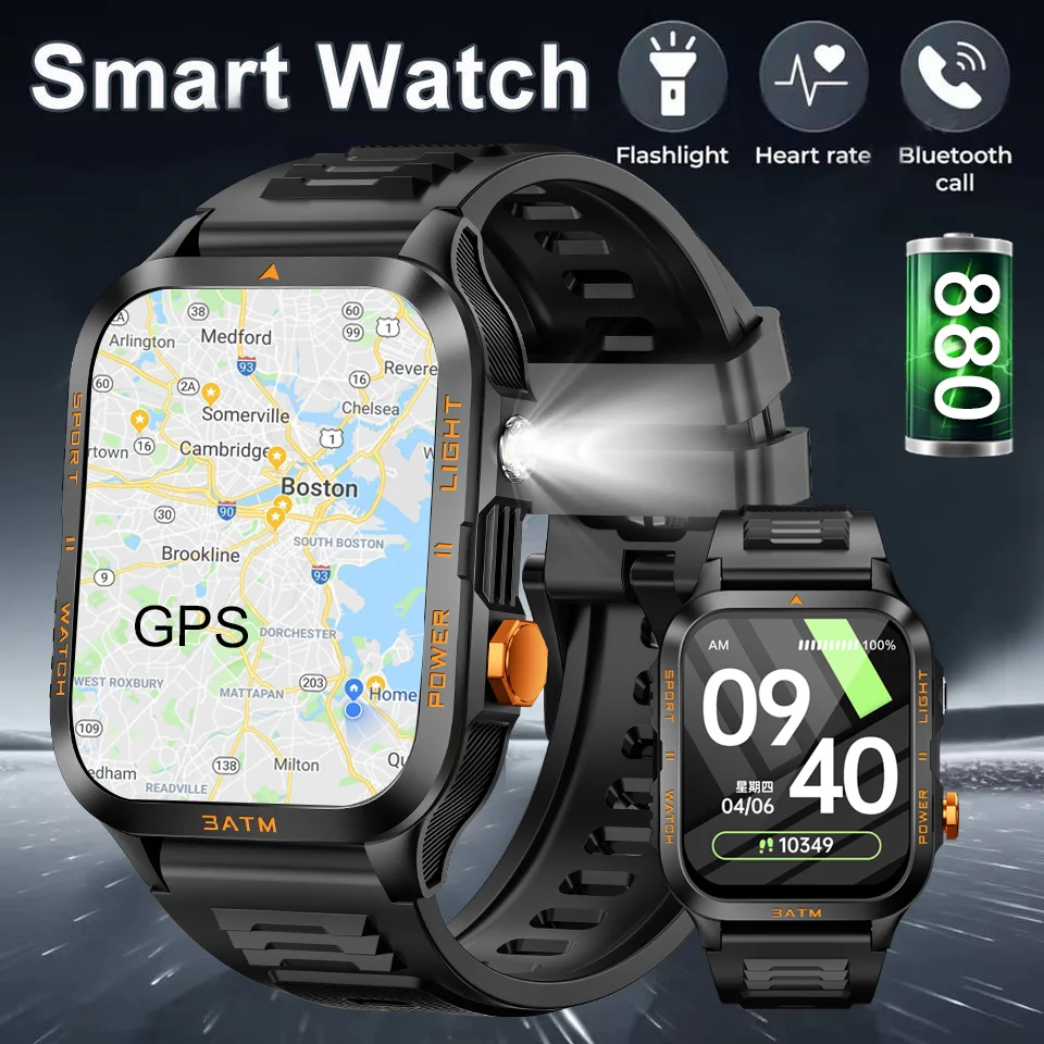 

Новые уличные умные часы, мужские часы с фонариком 880 мАч, компас, Bluetooth-вызов, пульс, IP68, водонепроницаемые спортивные умные часы 2025