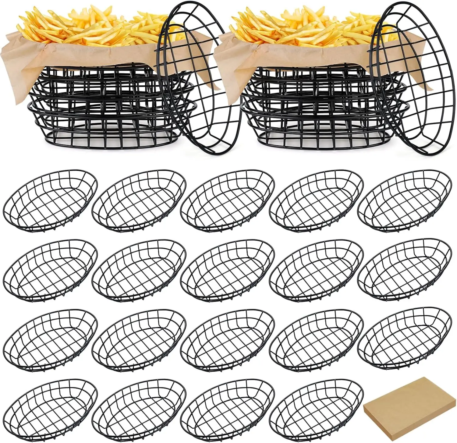 

24 Pcs Black Wire Bread Basket with 100 Sheets Deli Wrappers Paper, Oval Metal Dinner Roll Storage for Kitchen Table Fast Food