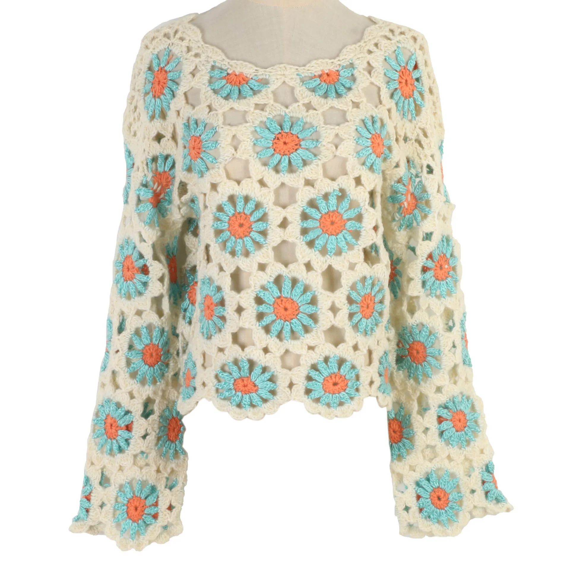 

National Style One-shoulder Sweater Women's Bohemian Hand-crocheted Flower Hollow Sexy Autumn Sweater Women's Pullover Tops
