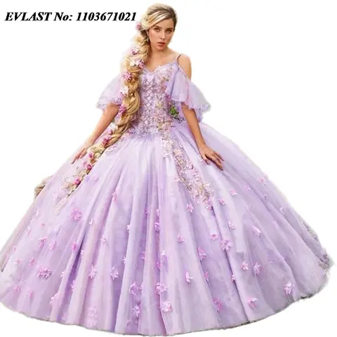 EVLAST Anpassad Lilac Quinceanera Klänning Balklänning 3D Blommig Applikation Pärlor Mexican Sweet 16 Vestidos De 15 Anos SQ516 10 best sales lila balklänning - №5