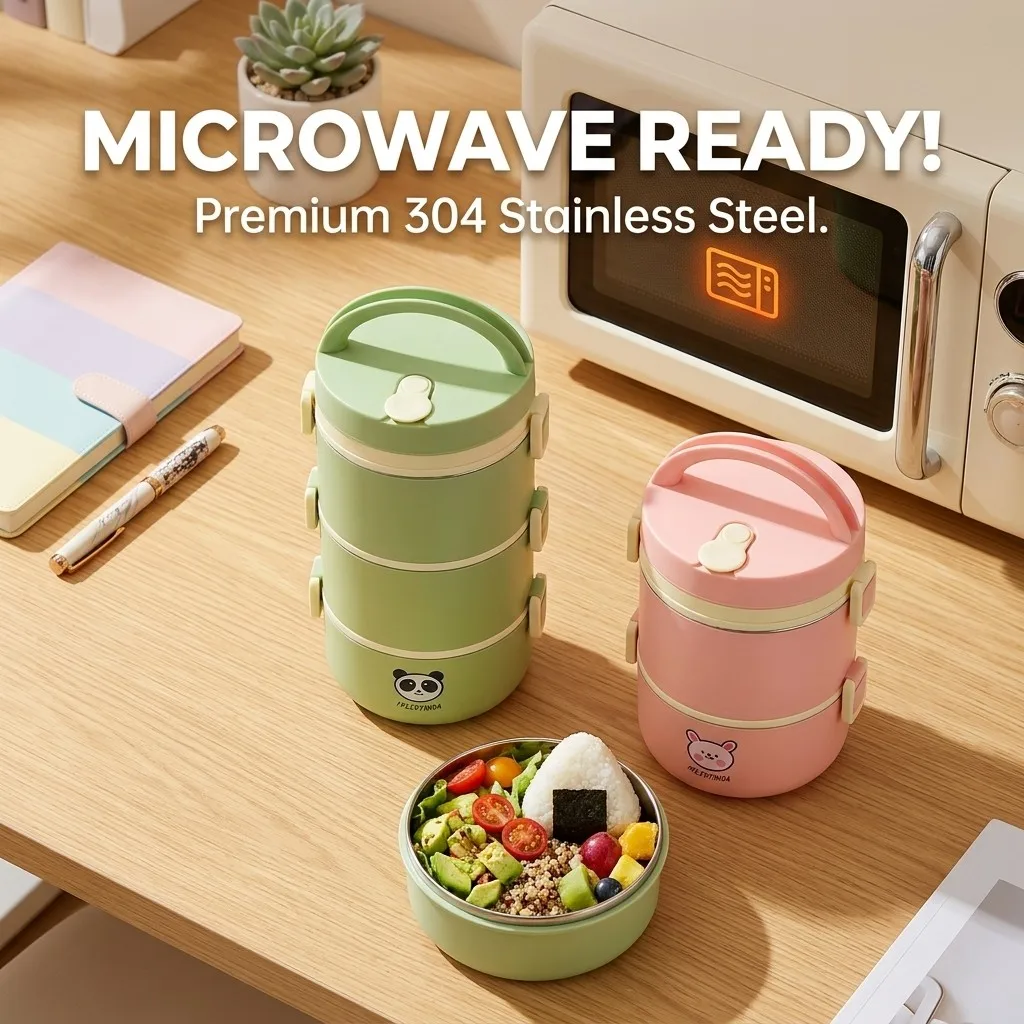 304 Stainless Steel Thermal Lunch Box Bento Box Set Microwavable Portable Food Storage Containers Kawaii Kids School Adults Work view 3