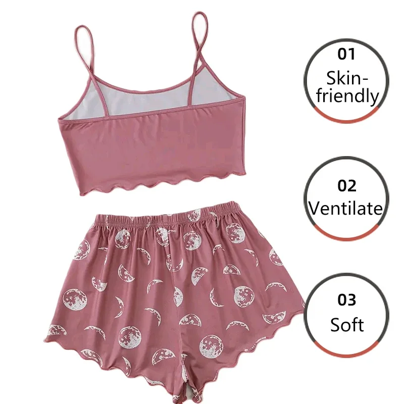 Ensemble de pyjama d\'été pour femme, caraco et short de sport, imprimé lune et planète rose, confortable, décontracté, imbibé, vêtements de nuit