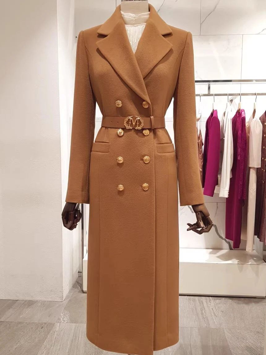 

High-End Woolen Long Coat Women's Commuter Sle Double-Breasted Long Sve Suit Collar Korean Version Autumn Winter Faion