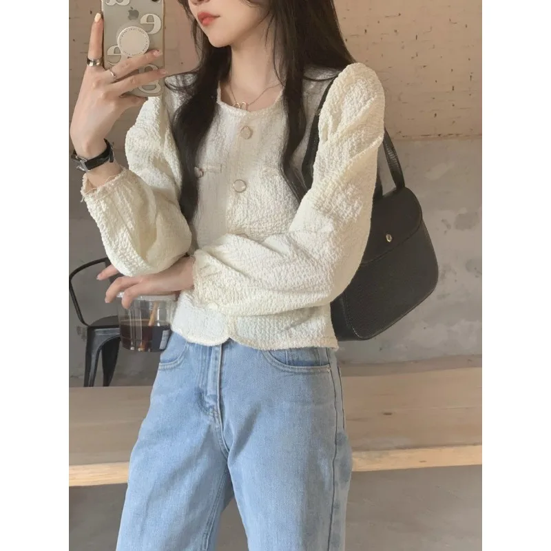 

Women's Solid Color Pullover Button Fashion Casual Lace Shirt Spring and Autumn Chic Long Sleeve Top