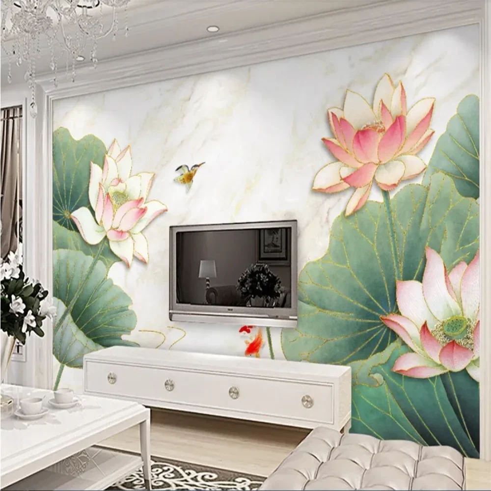 

Обои с изображением листьев лотоса для стен, 3D фотообои с пейзажем, фотообои для гостиной, спальни, фон для телевизора, украшение для дома