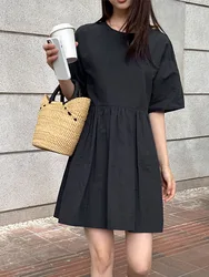 Summer women's casual solid color round neck short sleeved dress