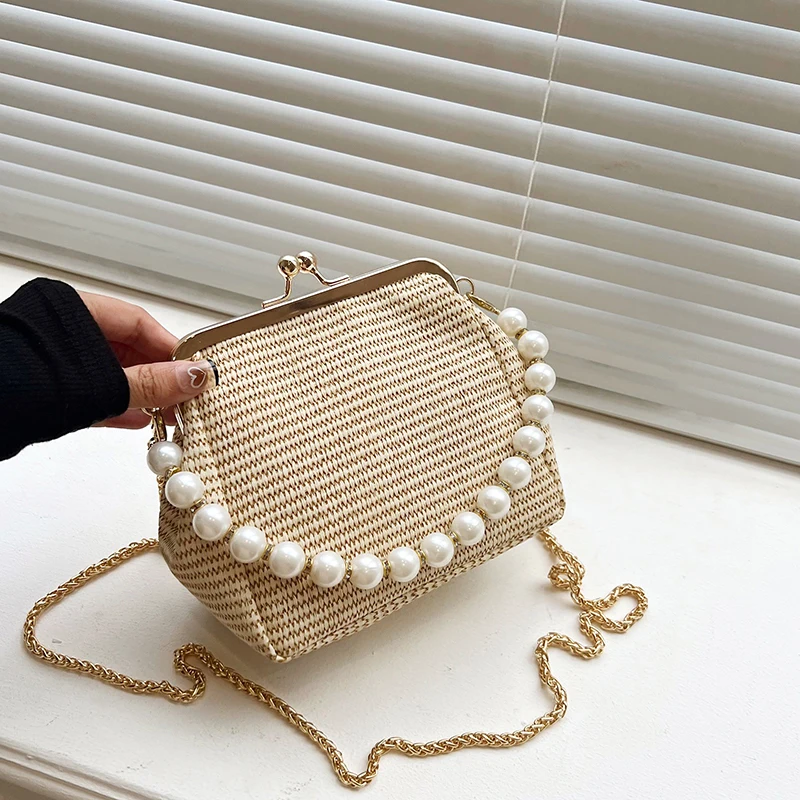 Bolso de mano de noche de punto para mujer, elegante bolso de mano Formal con decoración de cadena, monederos con clase