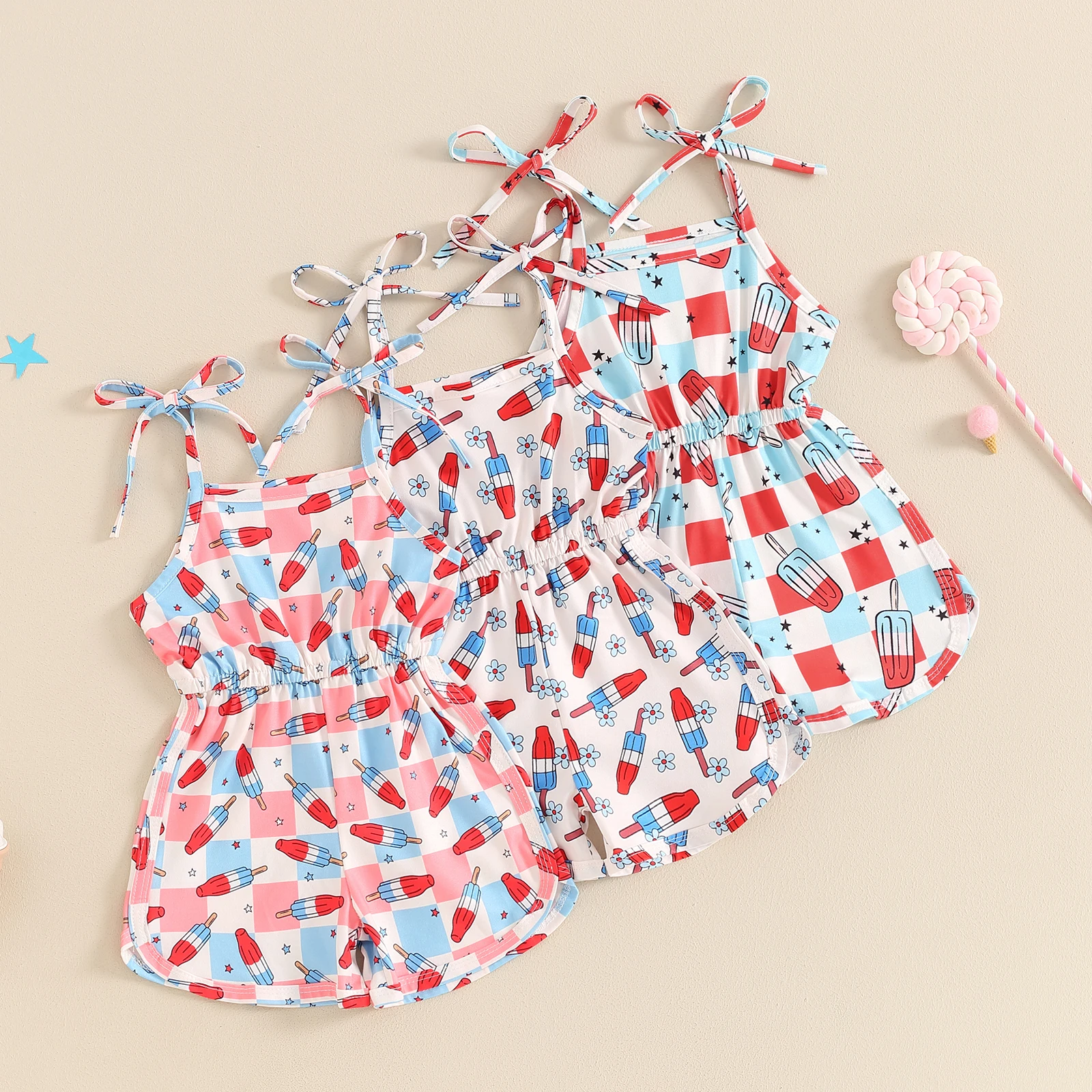 

4th of July Baby Rompers Overalls Girls Stars Ice Cream Print Tie-Up Spaghetti Strap Sleeveless Bodysuits Jumpsuit Children