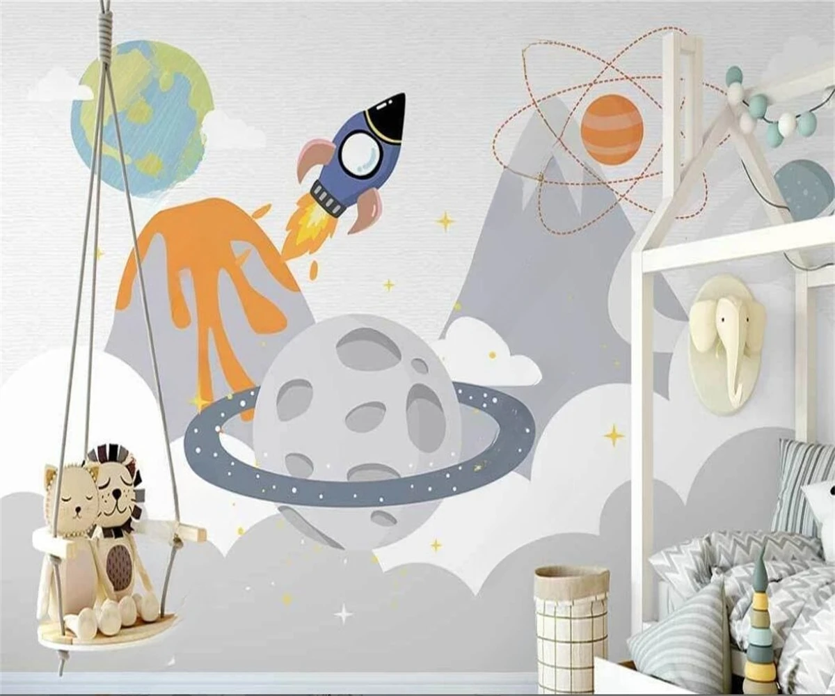 Customized size mural hand-painted simple space rocket planet children's room background wall decoration painting 3d wallpaper