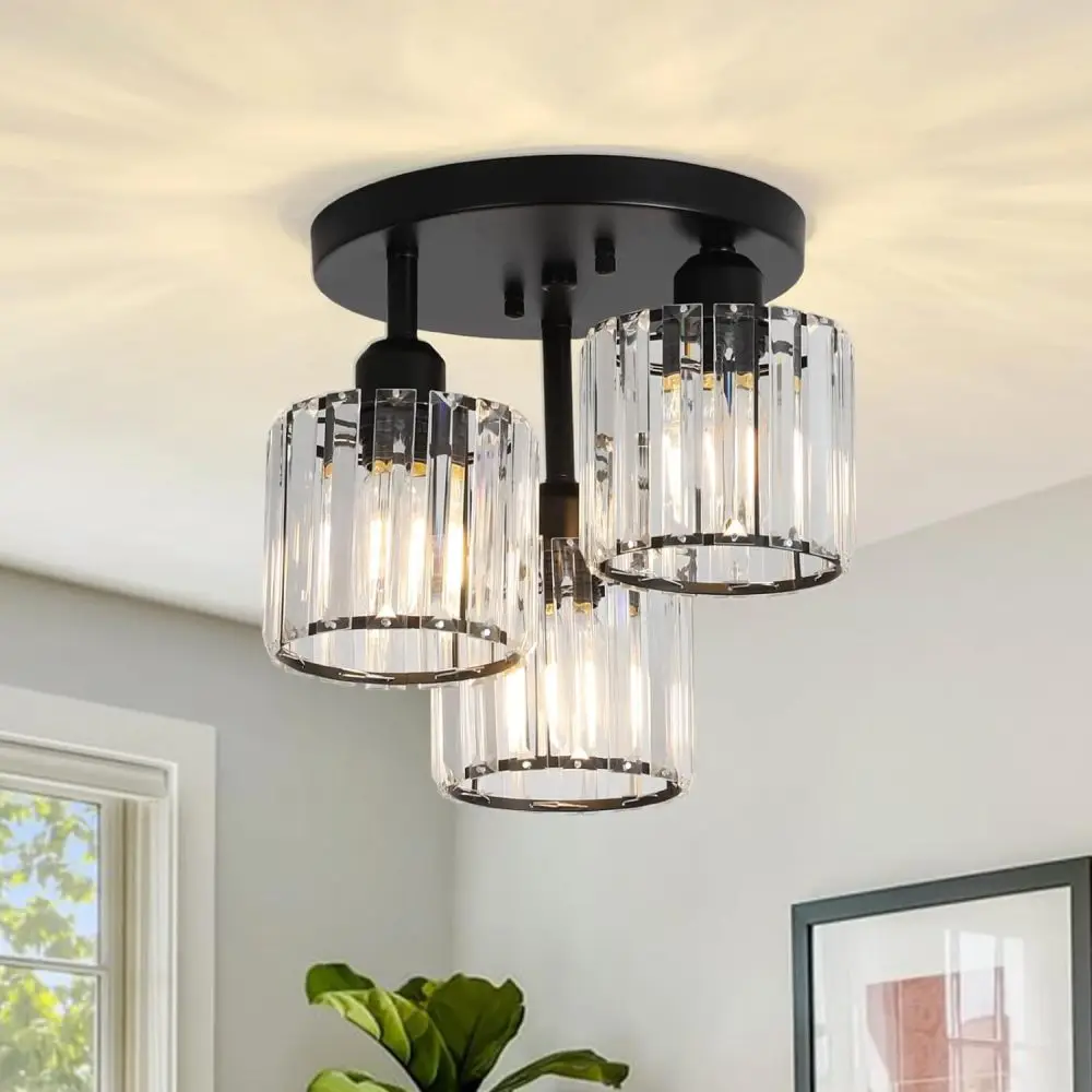 Crystal Semi Flush Mount Ceiling Light 3-Light Modern Close To Ceiling Light Fixtures Black Kitchen Fixtures Clear Crystal Shade