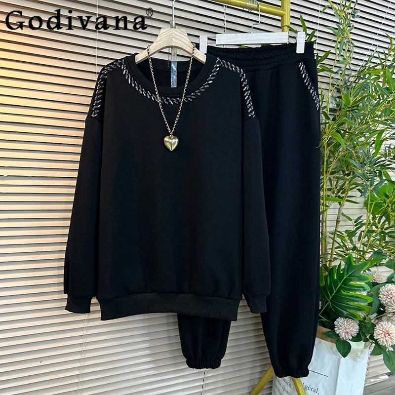 

Большой размер, осенне-зимний новый спортивный бархатный свитер с бриллиантами для отдыха, модные однотонные универсальные брюки, комплекты из двух предметов