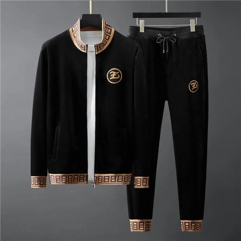 gold Fashion velvet sportswear suit men\'s 2023 new autumn and winter plush thickened casual pants jacket warm two-piece set