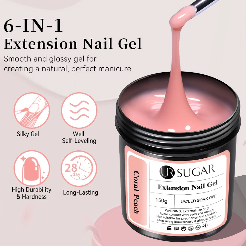 UR SUGAR 6-IN-1 Hard Gel For Quick Extension Nail Gel Soft Pink 150g Large Capacity Building Constructor Gel Self Leveling Manic