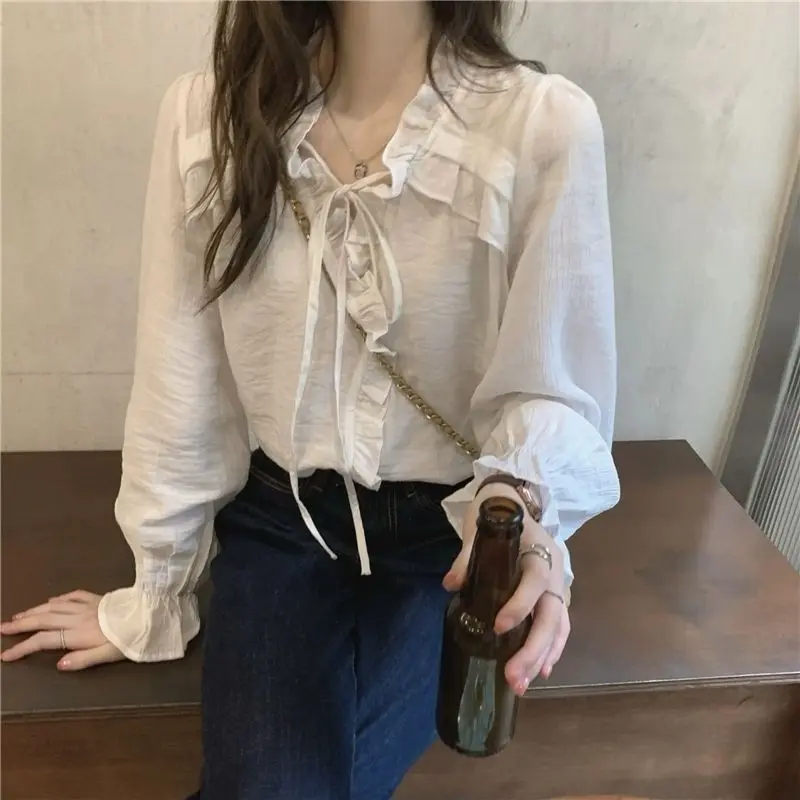 Temperament V Neck Lacing Thin Shirt Tops Spring New Long Sleeve Solid Loose Lacing Korean Blouse Fashion Sweet Women Clothing