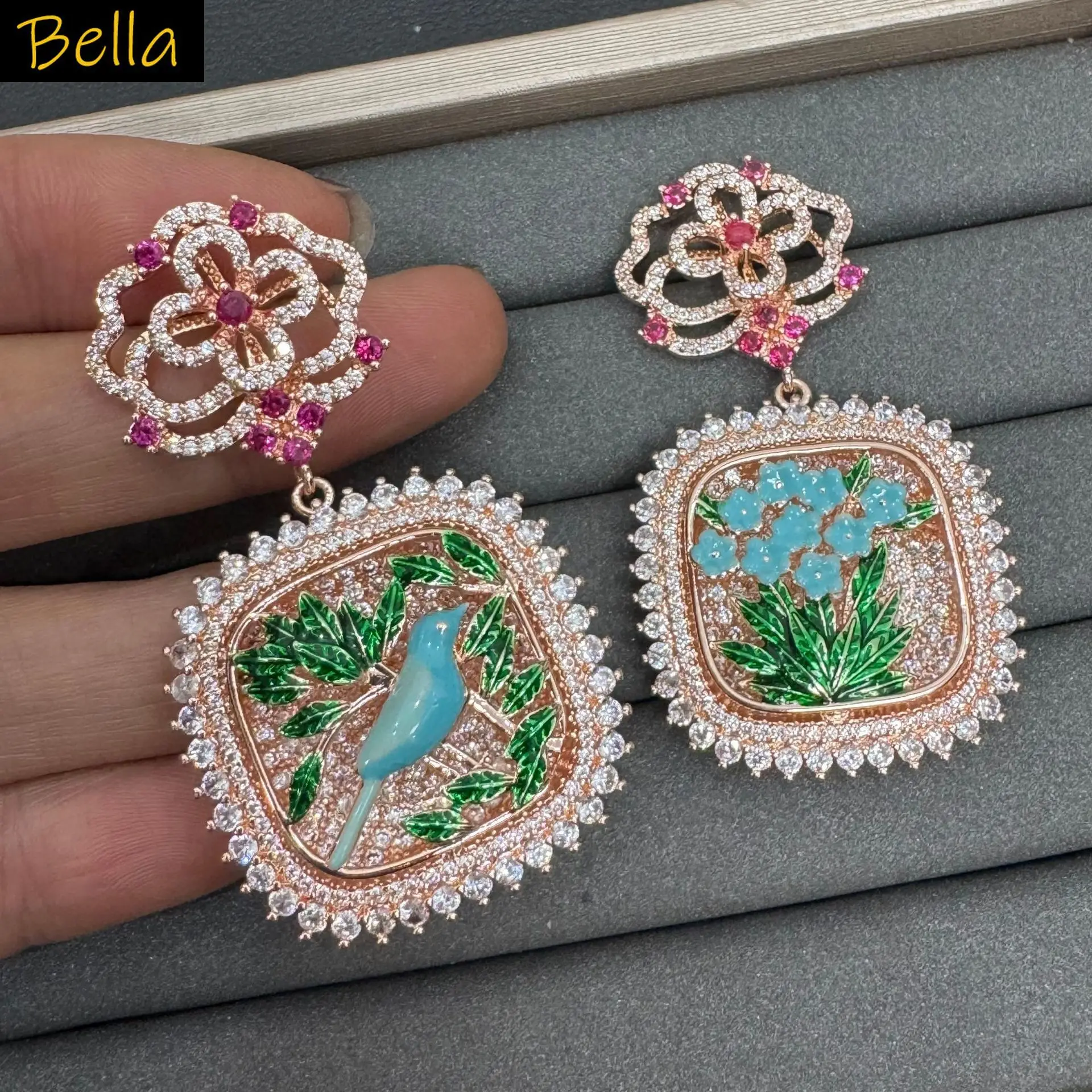

bird flower earrings blue green gold color plated cubic zirconia dangling earrings for women cute gift