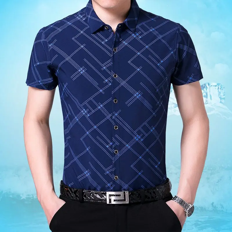 Summer New Middle-aged Men's Short-sleeved Striped Printed POLO Shirt Thin Business Casual Fashion Korean Commuter Versatile