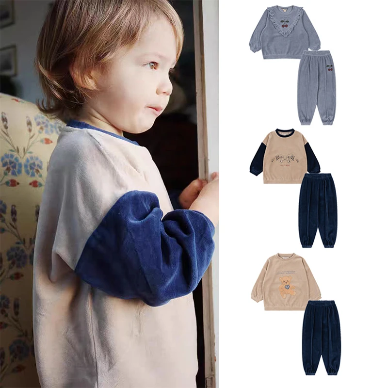 Sportset voor kinderen 24A/W KS Nieuwe fleece-sweatshirt voor meisjes Kinderen met kleurblokken Kant Lange mouwen Jongens Casual set Op voorraad