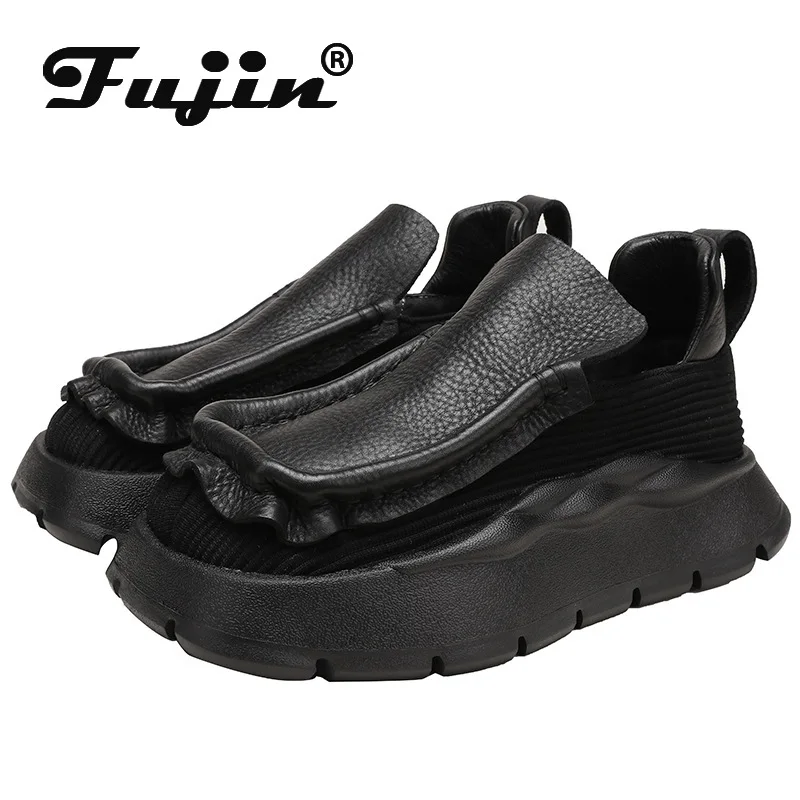 

Fujin 4.5cm Ergonomic Soft Rubber Soled Flats Leisure Loafer Woman Comfy Knitted Stretch Fabric Genuine Leather Autumn Shoes