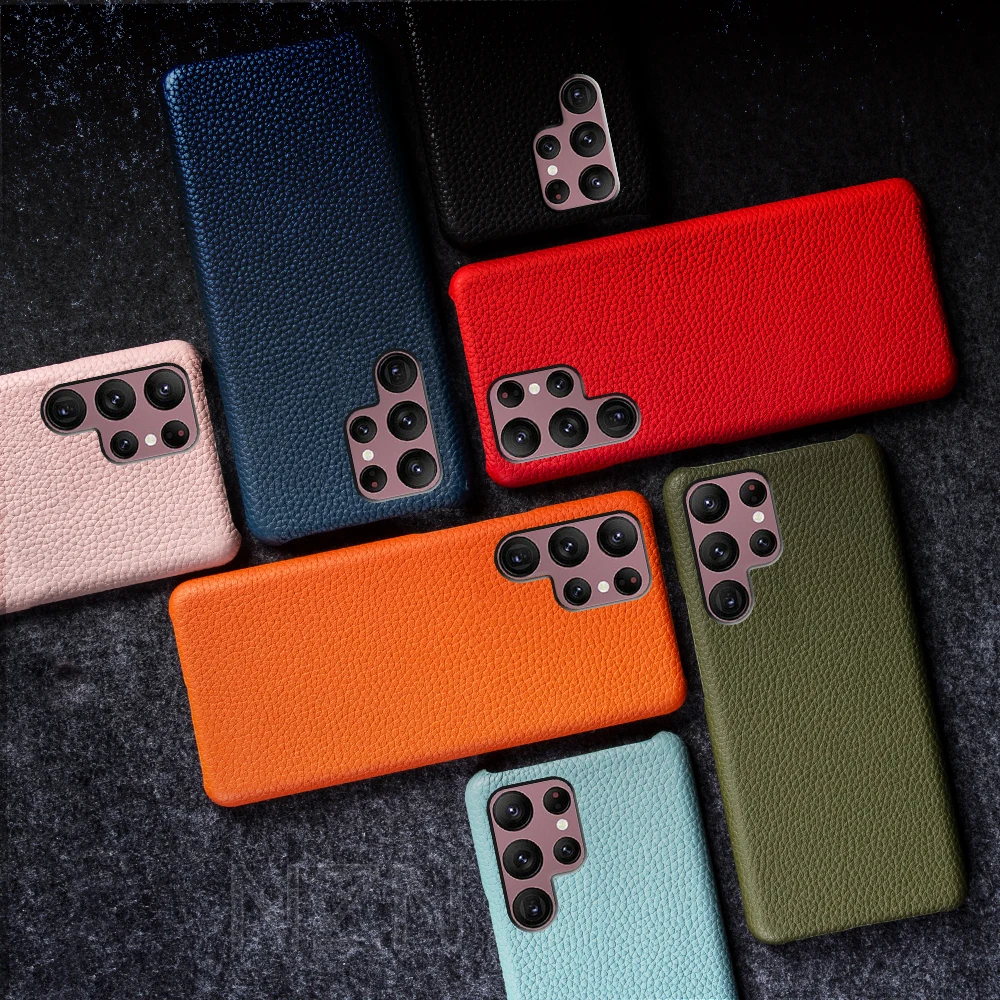 Genuine Leather Cases Litchi Grain For Samsung S23 Ultra Cowhide Hand Made For Galaxy S21Plus S22 Plus S24 Cover Coque Back Capa