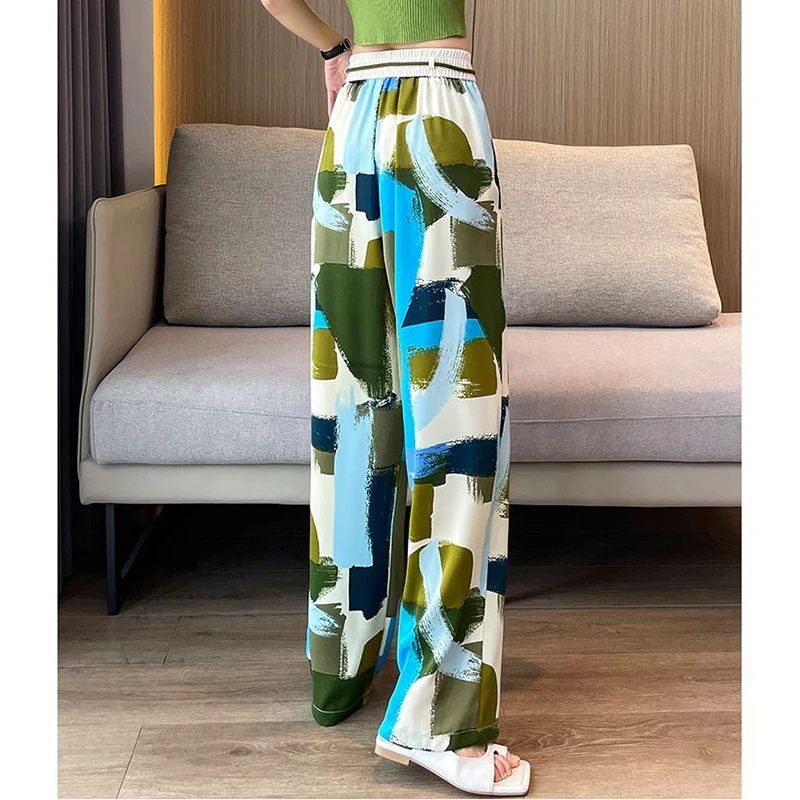 Fashion Elastic Lace Up Color Printed Geometric Chiffon Pants Female Clothing 2024 Summer New Loose High Waist Casual Trousers