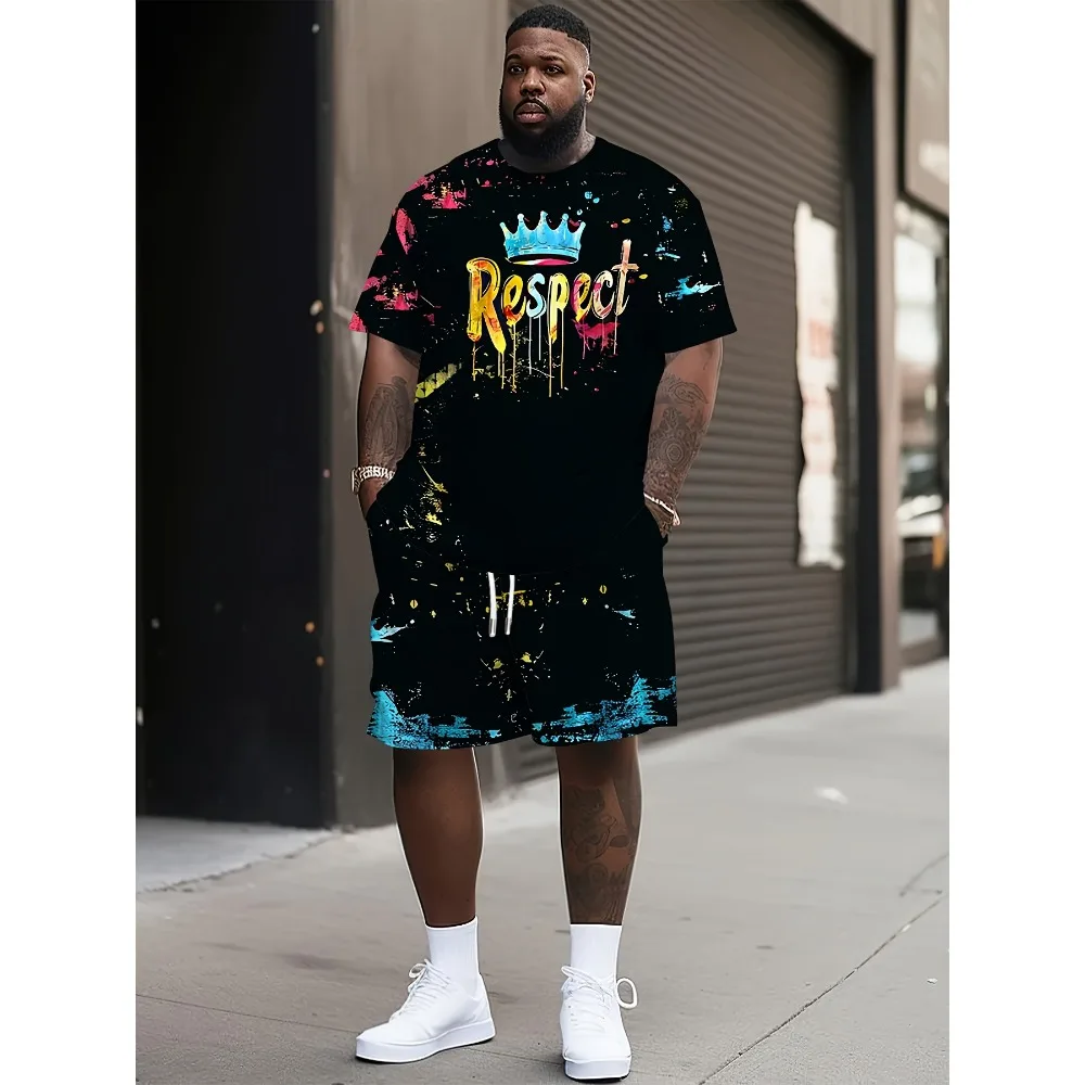 カラーグラフィプリントTシャツショーツ2点セット　トレンドストリートメンズ服　2025夏　プラスサイズゆったりメンズ半袖Tシャツ