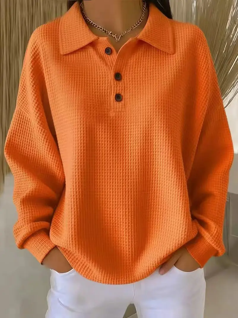 Fashionable Waffle Autumn/Winter New Solid Color Loose Top