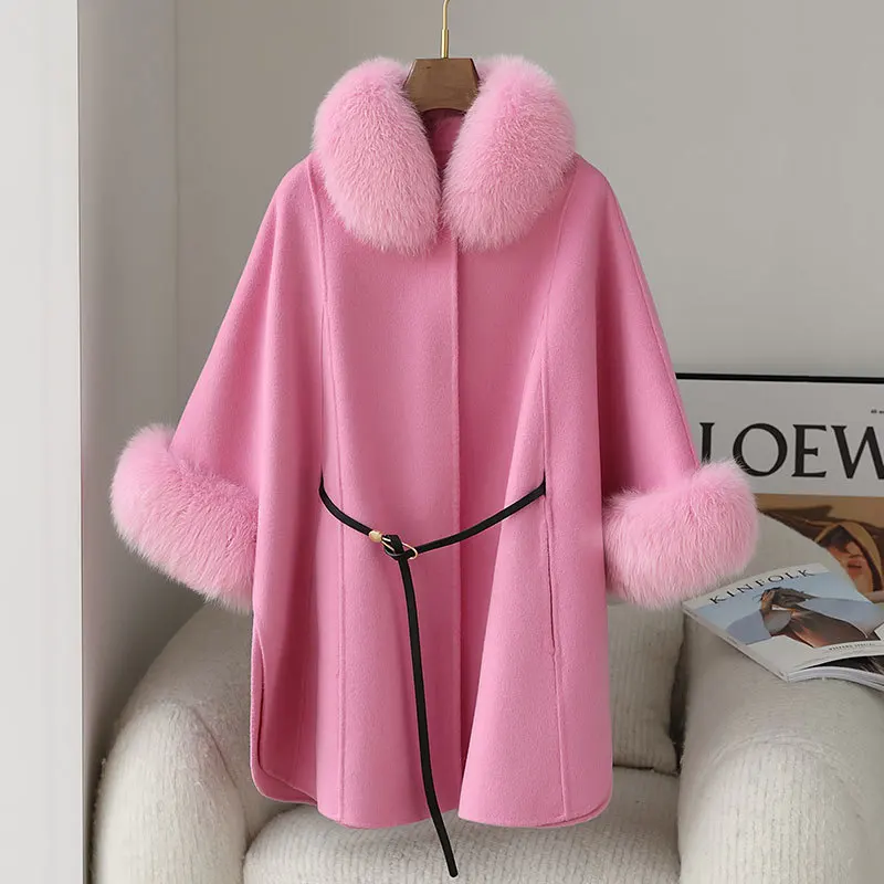 100% Wool Double-faced Coats for Women Cashmere Coat Shawl Cape Chic Ladies Real Fox Fur Loose Woolen Coat Jackets with Belt