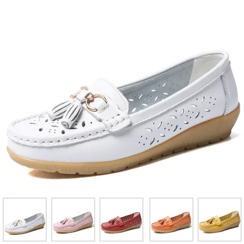 

Women's Loafers Summer Breathable Hollow Out Leather Shoes Moccasins Soft Comfort Boat Shoes Soft Sole Nurse Shoes Women's Flats