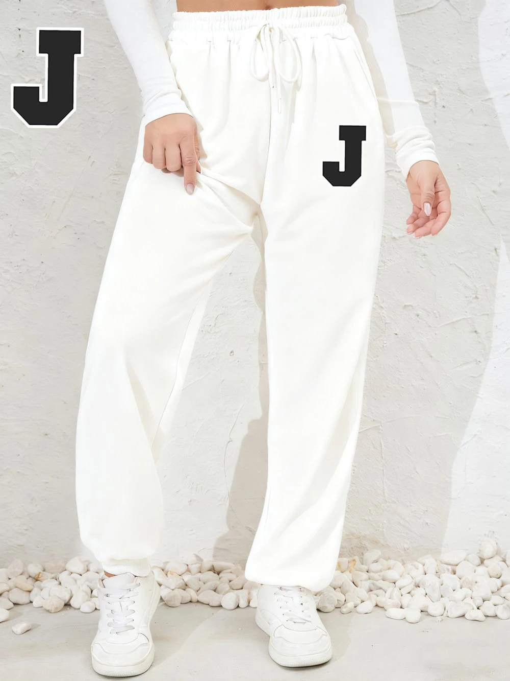 رسالة بسيطة J الطباعة Sweatpants النساء الشتاء السراويل الصوف الدافئة مرونة الخصر جيب بنطال رياضي الشارع امرأة رياضية #1