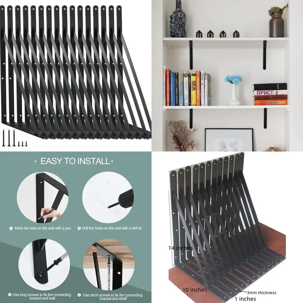 دعامات أرفف معدنية شديدة التحمل، 16 عبوة، L14 x H10، أسود، دعم قوي للأرفف، دعامات زاوية لتكوين L وB