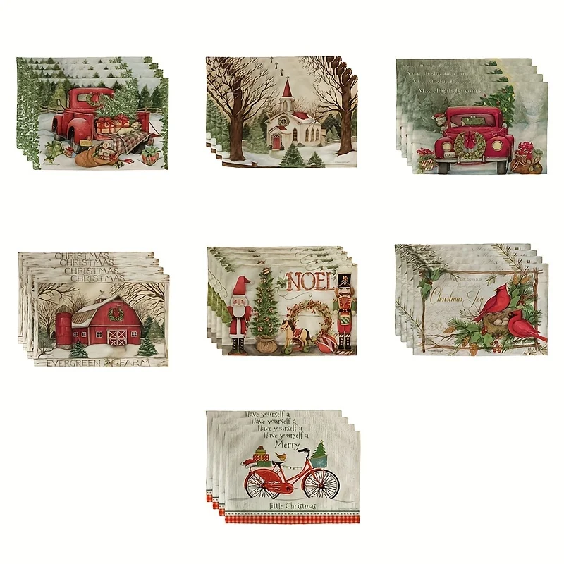 4pcs Christmas Theme Placemat Linen Table Pad Red Truck Tree Double-sided Printed Kitchen Placemat Dining Table Mats Decor