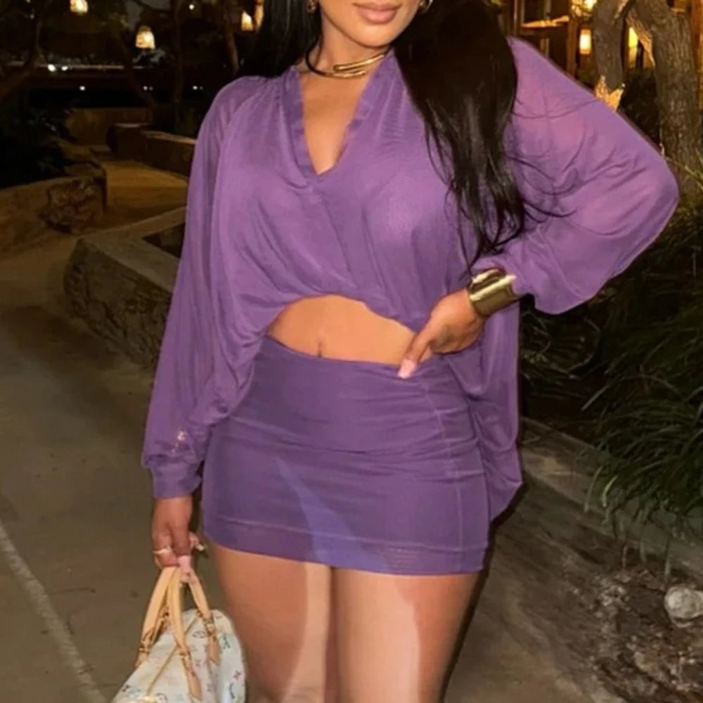 

Прозрачная сетчатая комплект из 2 предметов для женщин с отложным воротником и длинным рукавом, асимметричная рубашка с пузырьками, укороченные топы + облегающие мини-юбки, костюмы