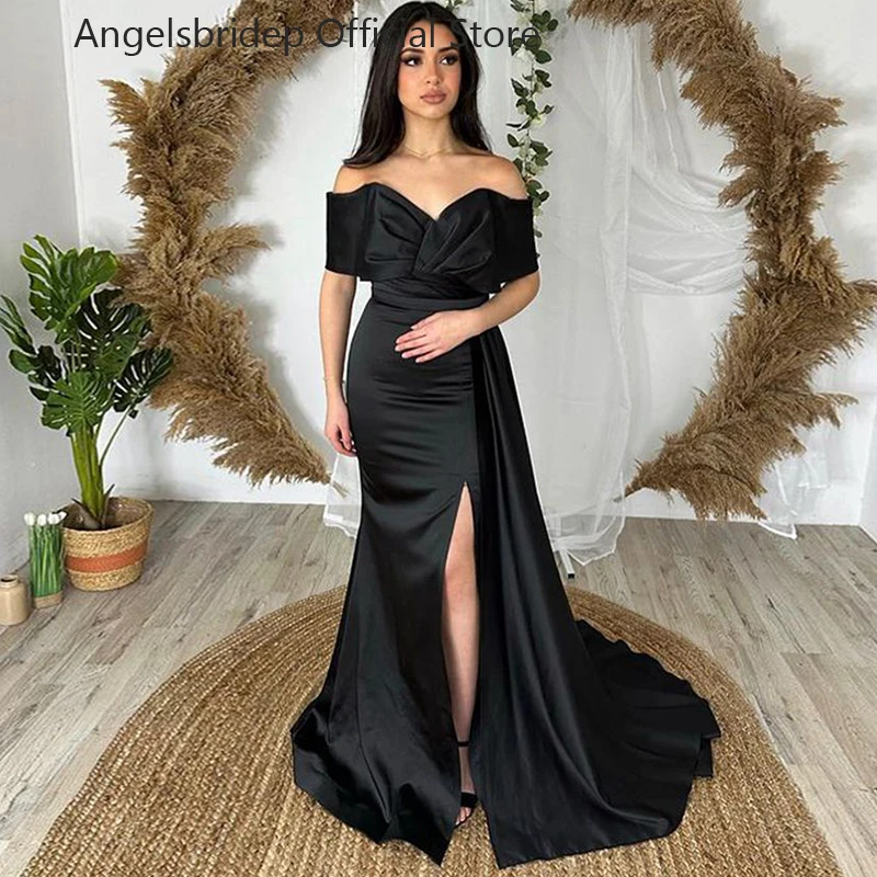 

Angelsbridep Saudi Arabia Mermaid Prom Dresses High Slit Black Satin Evening Party Gowns Event Dresses Vestidos De Graduación