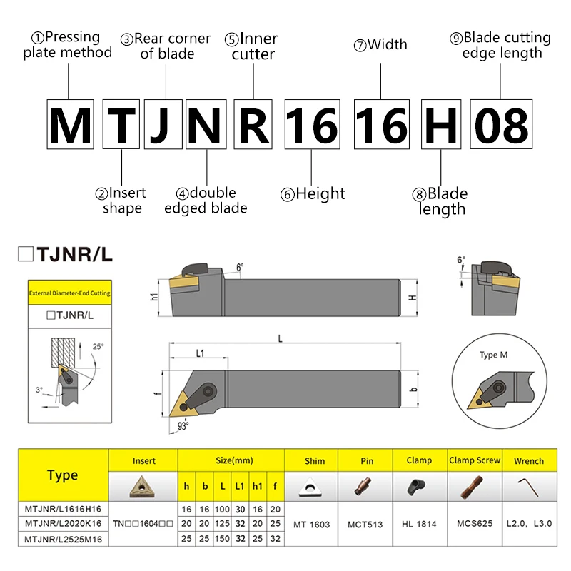 Imagem -05 - Cortador de Torno Cnc para Tnmg Carbide Insert Spring Steel Mtjnr L1616h16 Mtjnr L2023k16 Mtjnr L2525m16 Suporte Externo da Ferramenta de Torneamento