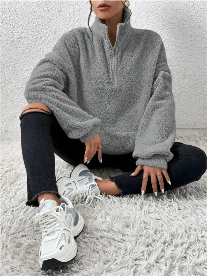 2026 Autumn Winter New Plush Thick Women's Stand Up Collar Half Zipper Pullover Fashion Casual Loose Large Pocket Sweatshirt