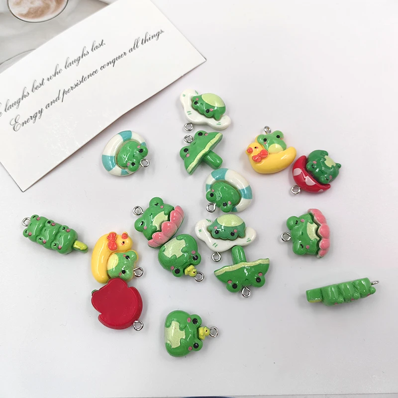 10pcs Kawaii Animals Green Mushroom Frog Charms for Jewelry Making Findings Resin Charm Pendants Flatback Diy Earrings C884