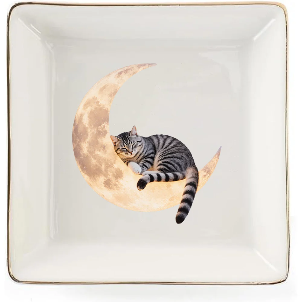 Cute Cat on Moon - Jewelry Dish, Ring Trinket Dish Tray for Women - Ideal Gift from Mom, Gifts for Daughter - Perfect for Weddin