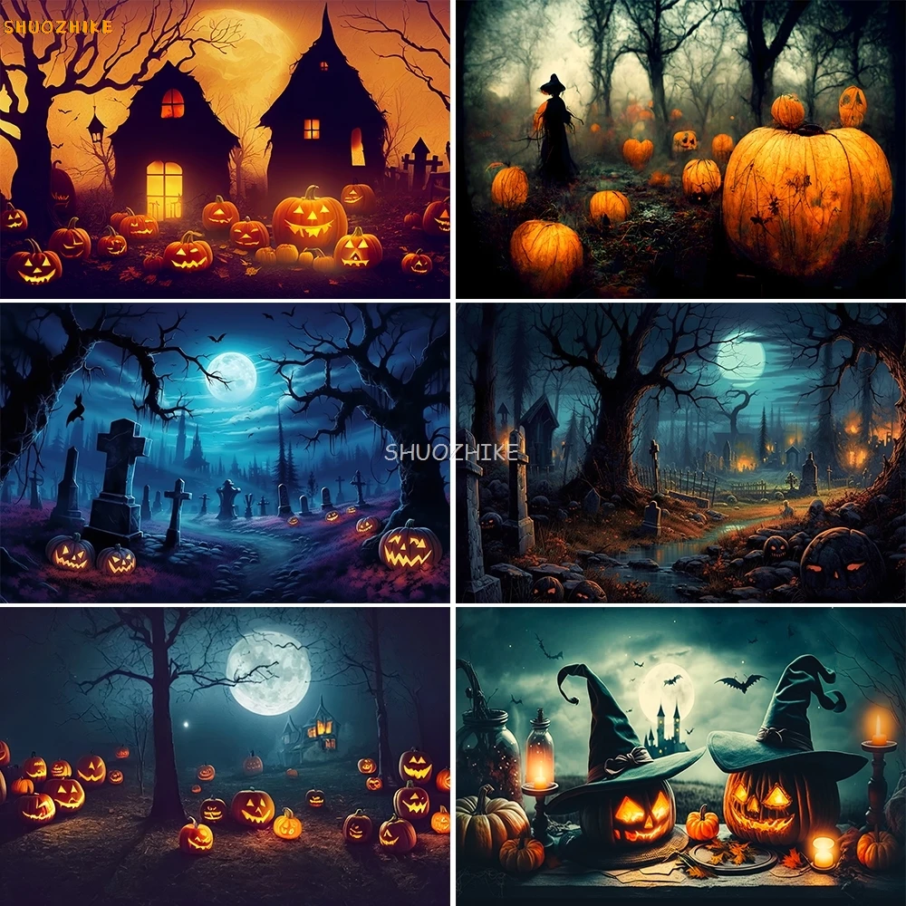 

Halloween Backdrop Horror Moon Night Scary Cemetery Pumpkin Lantern for Kids Adult Family Party Decor Photography Background