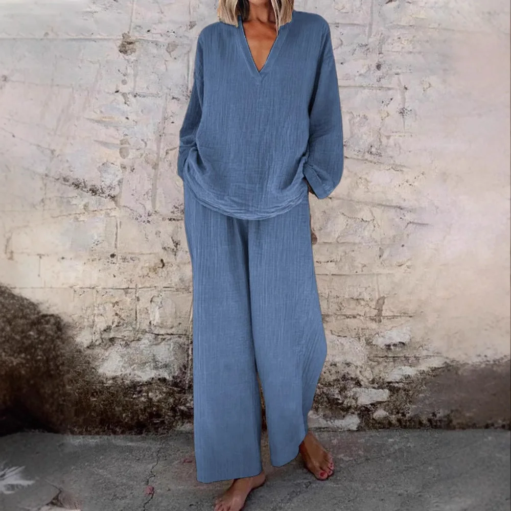 2025 Spring Casual Wide-leg Comfortable And Stylish Two-piece Set V-neck Pullover Solid Color Long-sleeved Suit