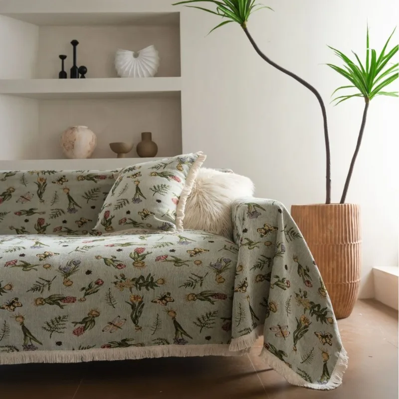 

French Tassel Thick Jacquard Flower Bird Sofa Cover Anti-cat Scratch Jacquard Sofa Towel Decoration for Livingroom