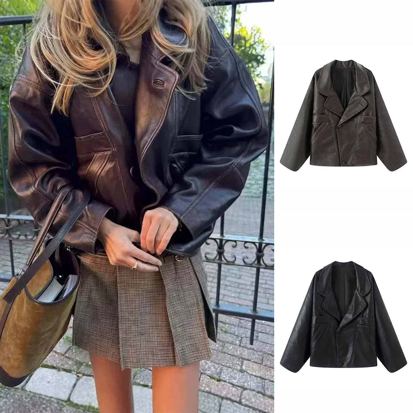 Płaszcz damski z zamkiem błyskawicznym, wykonany ze skóry PU, długi, z wykładanym kołnierzem, do pracy, modny, jesienny, nowość.