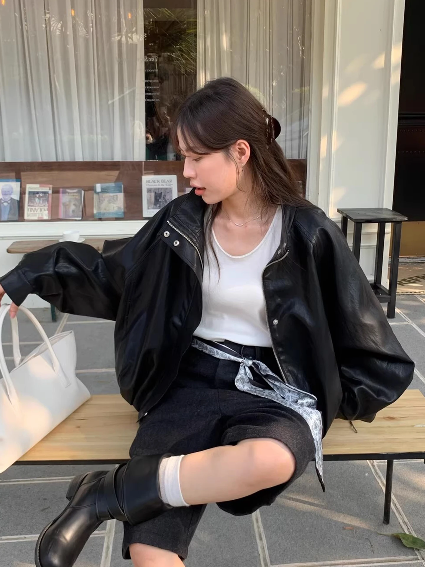 Chic Autumn New Sle Loose Fit Long Sve Stand Collar PU Leather Jaet Women's Coat with ket Trendy Commute Sle