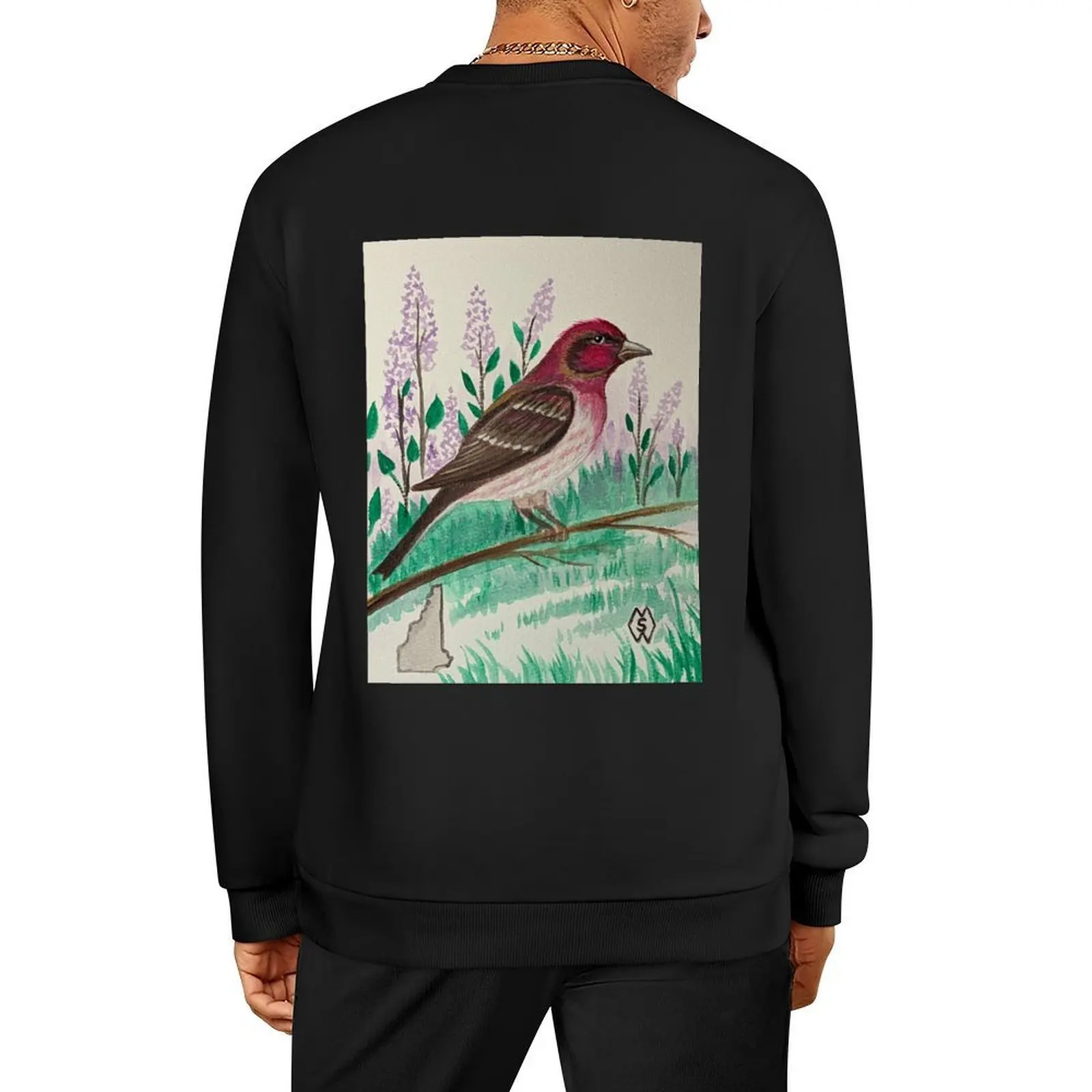 

New Hampshire state bird and flower, the purple finch and purple lilac Pullover blouse sweatshirt for men