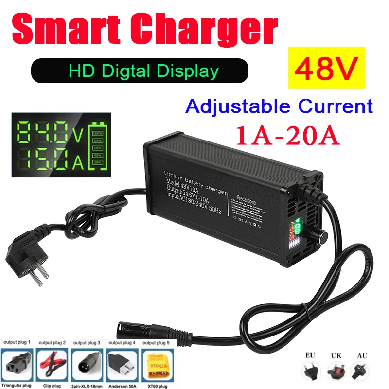 

48V 1-8A 1-10A 1-15A 1-20A Aluminum Shell Adjustable Lithium Battery Charger 54.6V/58.8V/58.4V/54.75V High-power LCD Display