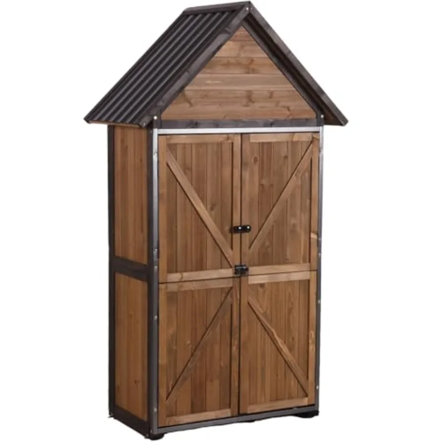 Outdoor Storage Cabinet, Upgraded with Durable Front Metal Frame Garden Shed Tool Storage Cabinet with Wooden Floor Adjustable