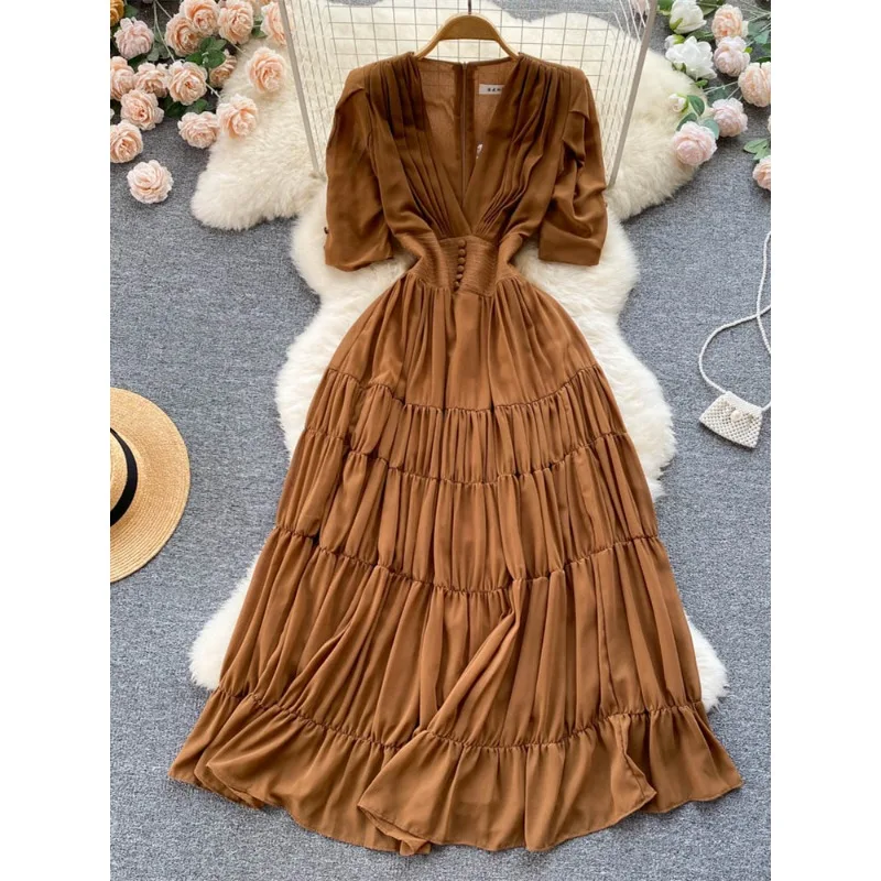 Sweet Memory Girl V-neck Chiffon Elegant Dresses for Women Robe Femme Short Sleeve Slim Pleated Long Dress Party Vestido