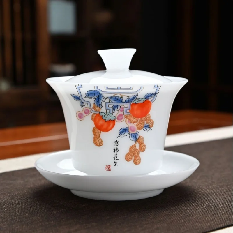 

Yangzhi Jade Porcelain Ice Seed Three-Talent Covered Bowl Set Household High-End Ceramic Tea Brewing Cup Kung Fu Tea Set Gift