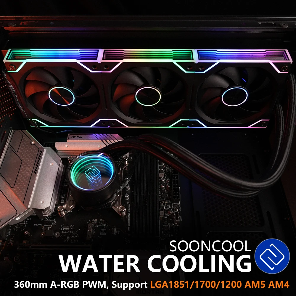 

SOONCOOL Water Cooling for CPU LGA1200 1700 1851 AM4 AM5 360mm ARGB PWM Liquid Cooler 2000RPM 32dBA