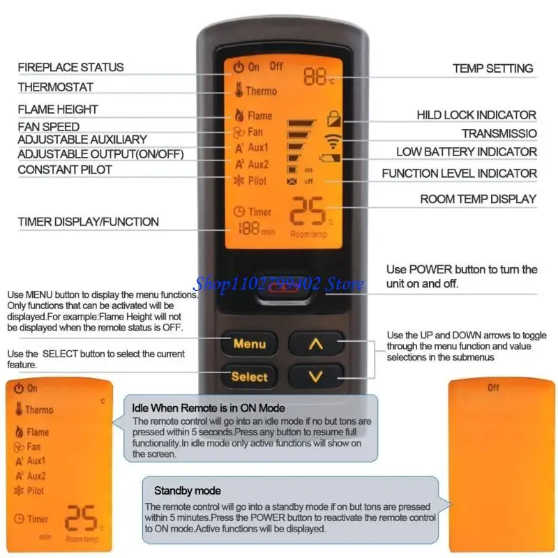 547F LCD Display Fireplaces Remote Controller Offering Environment Sensing Technology and Instants Ignitions Function