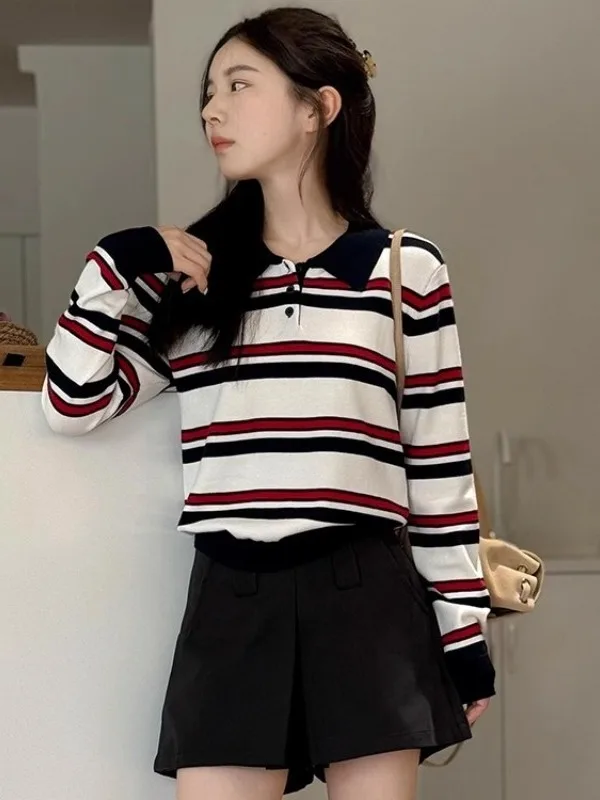 

Корейский вязаный свитер Ne Long Sve на полупуговицах, женский осенне-зимний новый повседневный топ в полоску